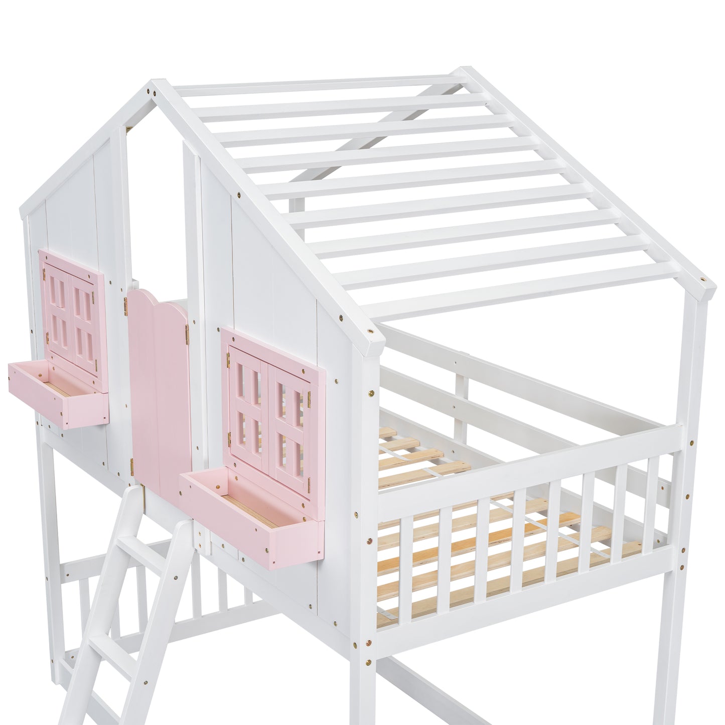 Twin over Twin House Bunk Bed with Roof, Window, Window Box, Door, with Safety Guardrails and Ladder, Pink/White image 10