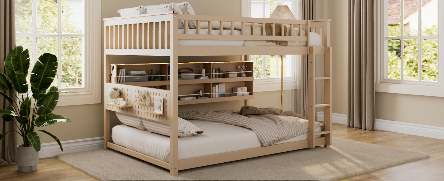 Full over Full Bunk Bed with Integrated Shelving, Color-Changing Lights and Pegboard, Beige image 5