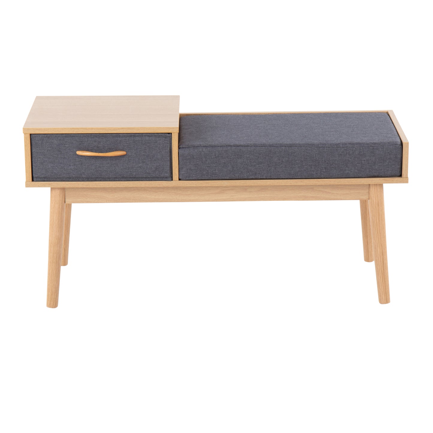 Telephone Contemporary Bench in Natural Wood and Grey Fabric with Pull-Out Drawer image 5