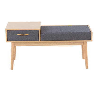 Telephone Contemporary Bench in Natural Wood and Grey Fabric with Pull-Out Drawer image 5