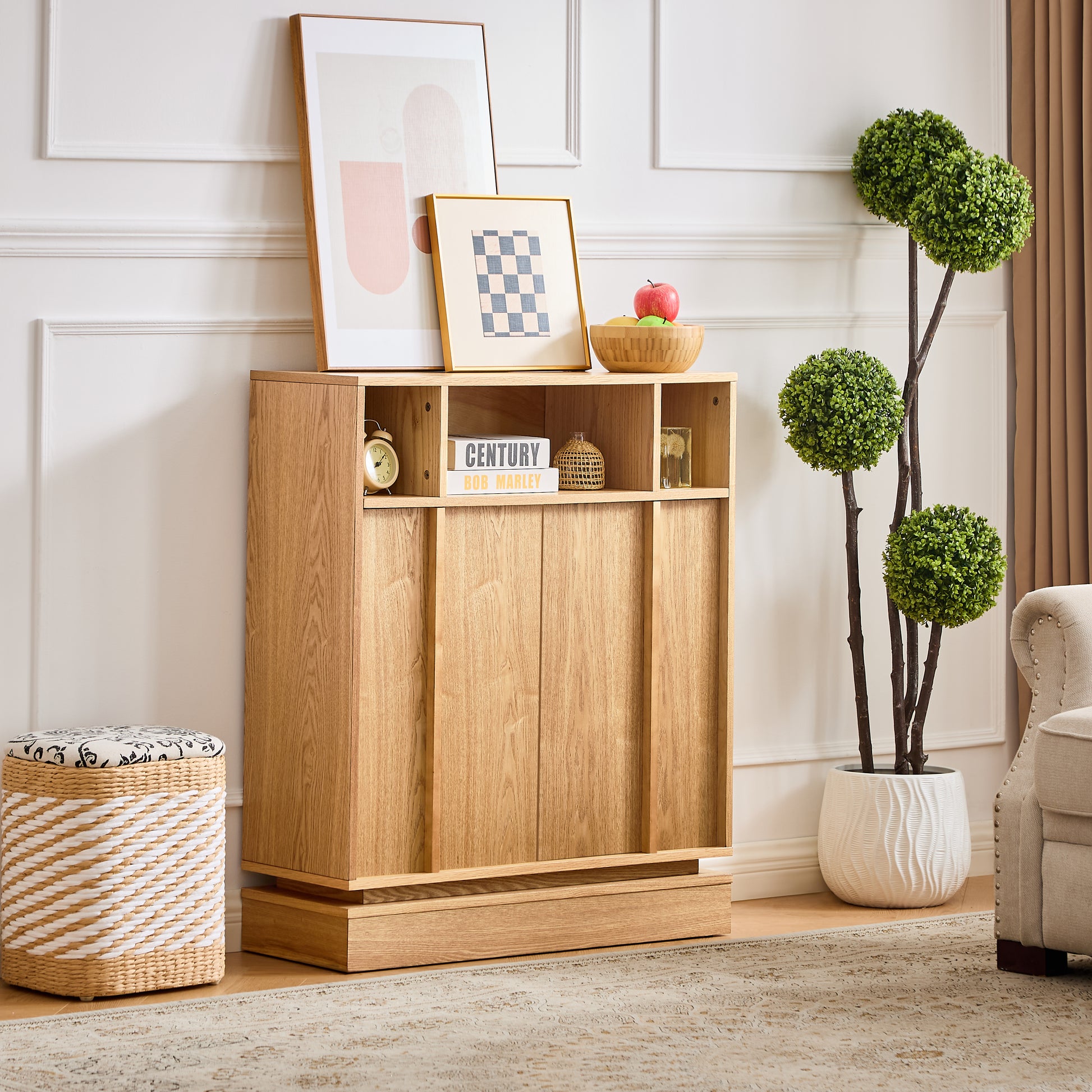 Sideboard Buffet Cabinet with Storage, Farmhouse Fluted Sideboard with 2 Doors & Adjustable Shelf, TV Media Console, Storage Cabinet for Entryway Hallway Kitchen Dining Living Room, Natural image 1