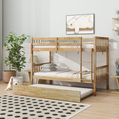 Twin Over Twin Rubber Wood Bunk Bed with Trundle, Convertible into 2 Twin Size Beds, Twin Size Bunk Bed with Ladder and Safety Guardrails,White Oak image 11