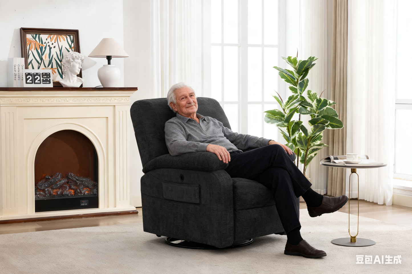 Hot massage manual lounge chair, with rocker arms and rotating fabric, with cup bucket, for living room, black image 4