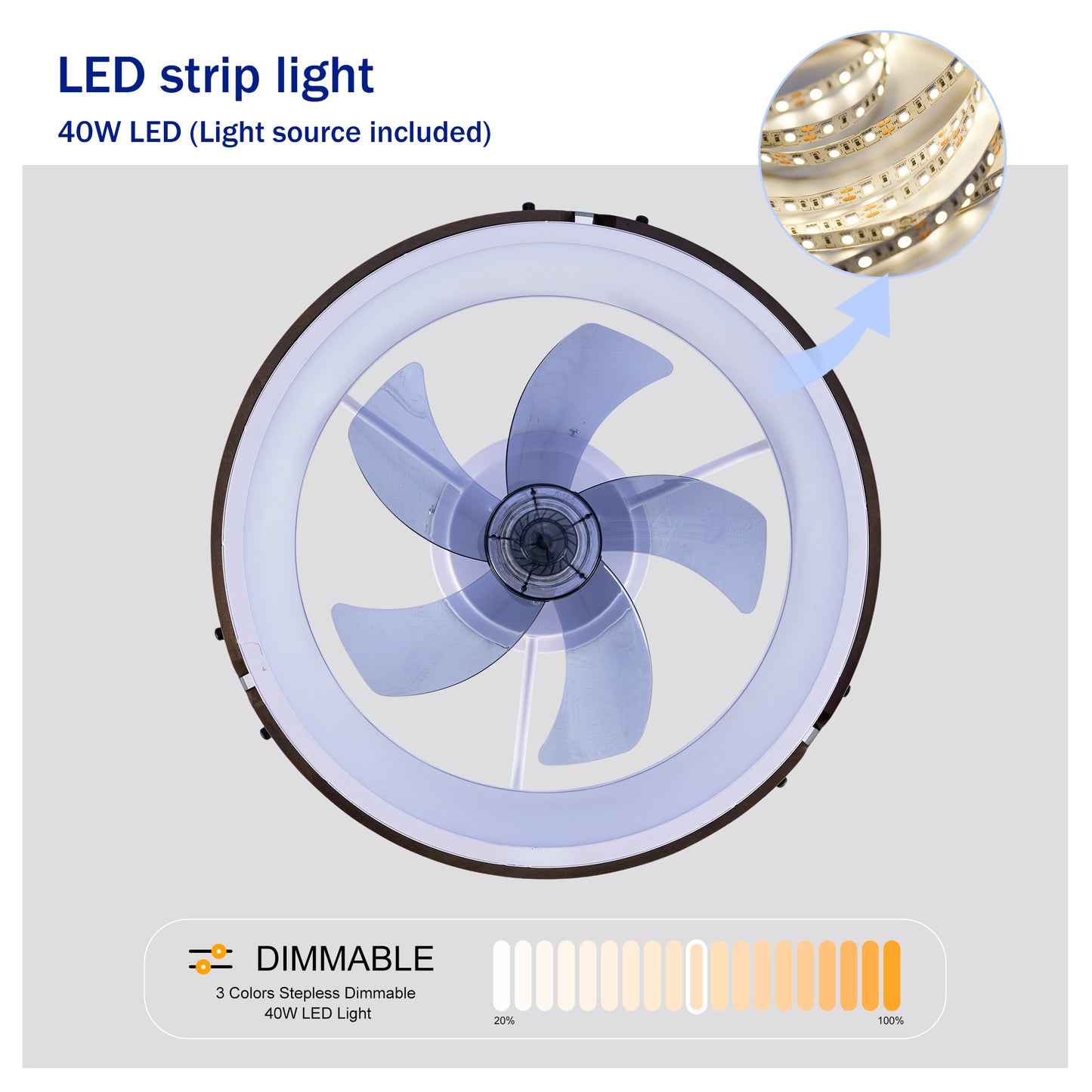 20" Ceiling Fans with Lights Kit (Led) and Remote Control, 3000-6500K Dimmable Modern Flush Mount LED Fan Light, 6 Speeds, Quiet DC Motor For Living room, Bedroom,Kitchen----Walnut+ Black image 8