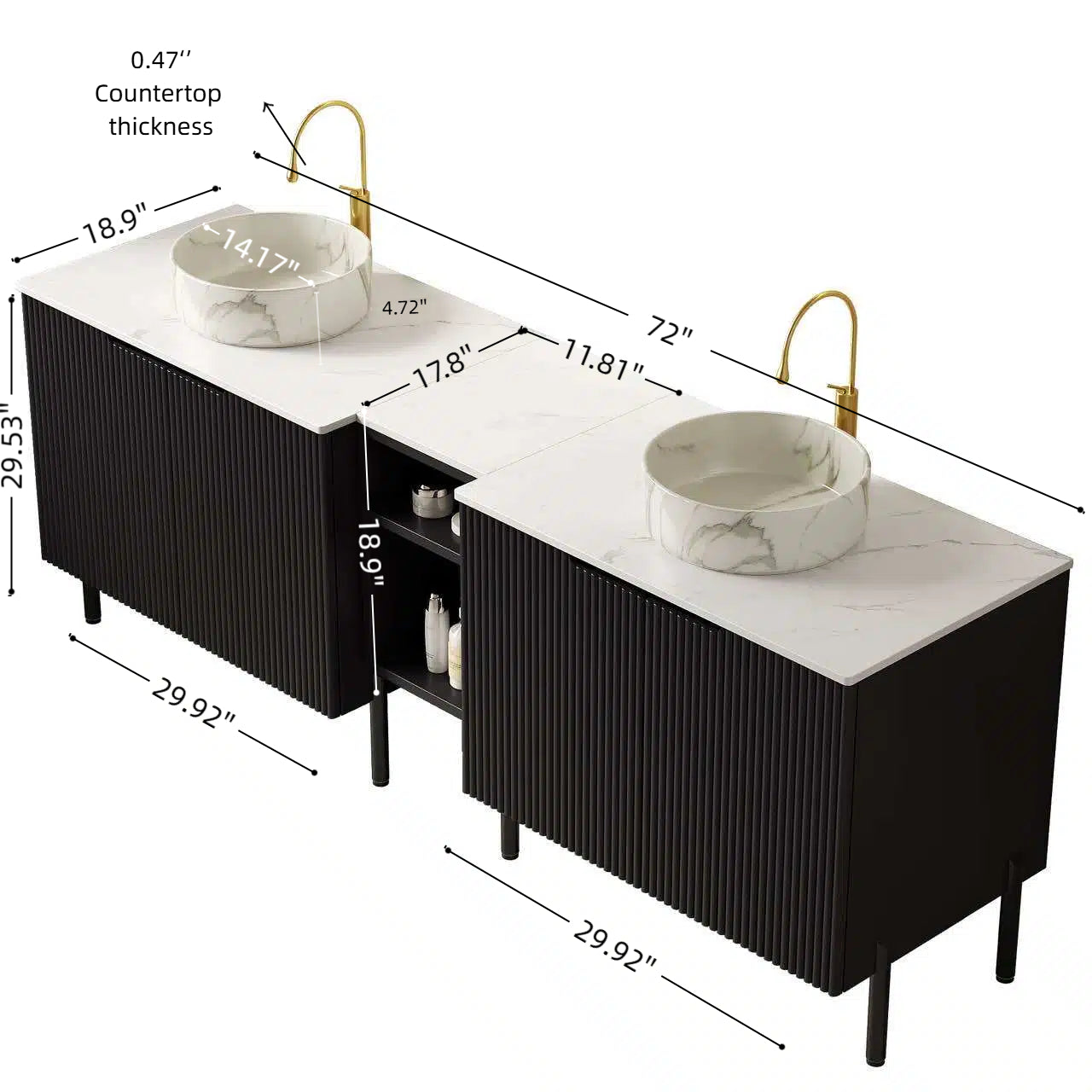 TURIO 72" Freestanding Double Bathroom Vanity with Sinks, 2x30" Striped Storage Cabinets + 12" Removable Open Shelf, 2 White Round Stone Pattern Vessel Basins with Carrara White Countertop, Black image 7