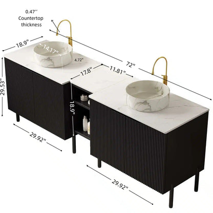 TURIO 72" Freestanding Double Bathroom Vanity with Sinks, 2x30" Striped Storage Cabinets + 12" Removable Open Shelf, 2 White Round Stone Pattern Vessel Basins with Carrara White Countertop, Black image 7