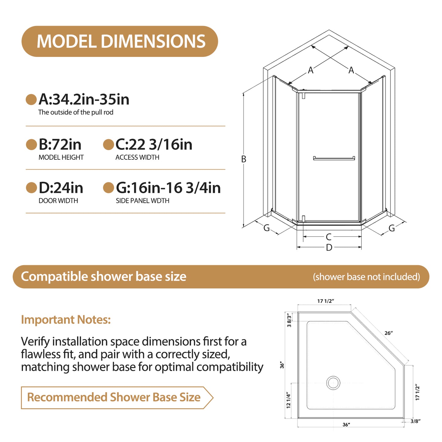 36"D X 36"W X 72"H Neo-Angle Shower Door, Corner Shower Door, 1/4" Tempered Glass With Frosted Ultra-Clear Nano-Coated, Black Stainless Steel Frame image 3