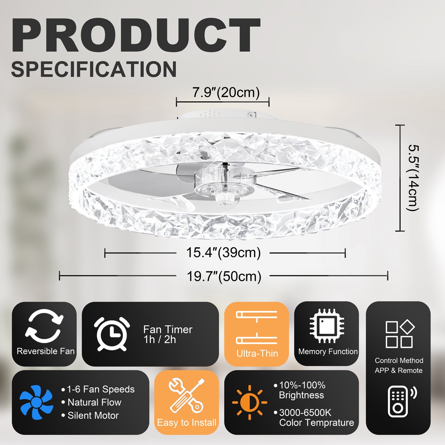 19.7" Ceiling Fans with Lights Remote and APP Control, Dimmable 3-Color and 6-Speed quiet DC Motor, WHITE Ceiling Fan for Living Room Bedroom image 8
