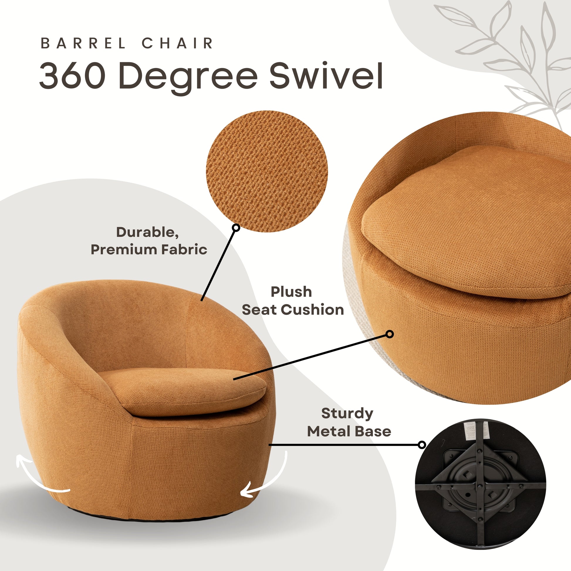 Winnie Modern Teddy Fabric Barrel Chair, 360° Swivel, Yellow image 2