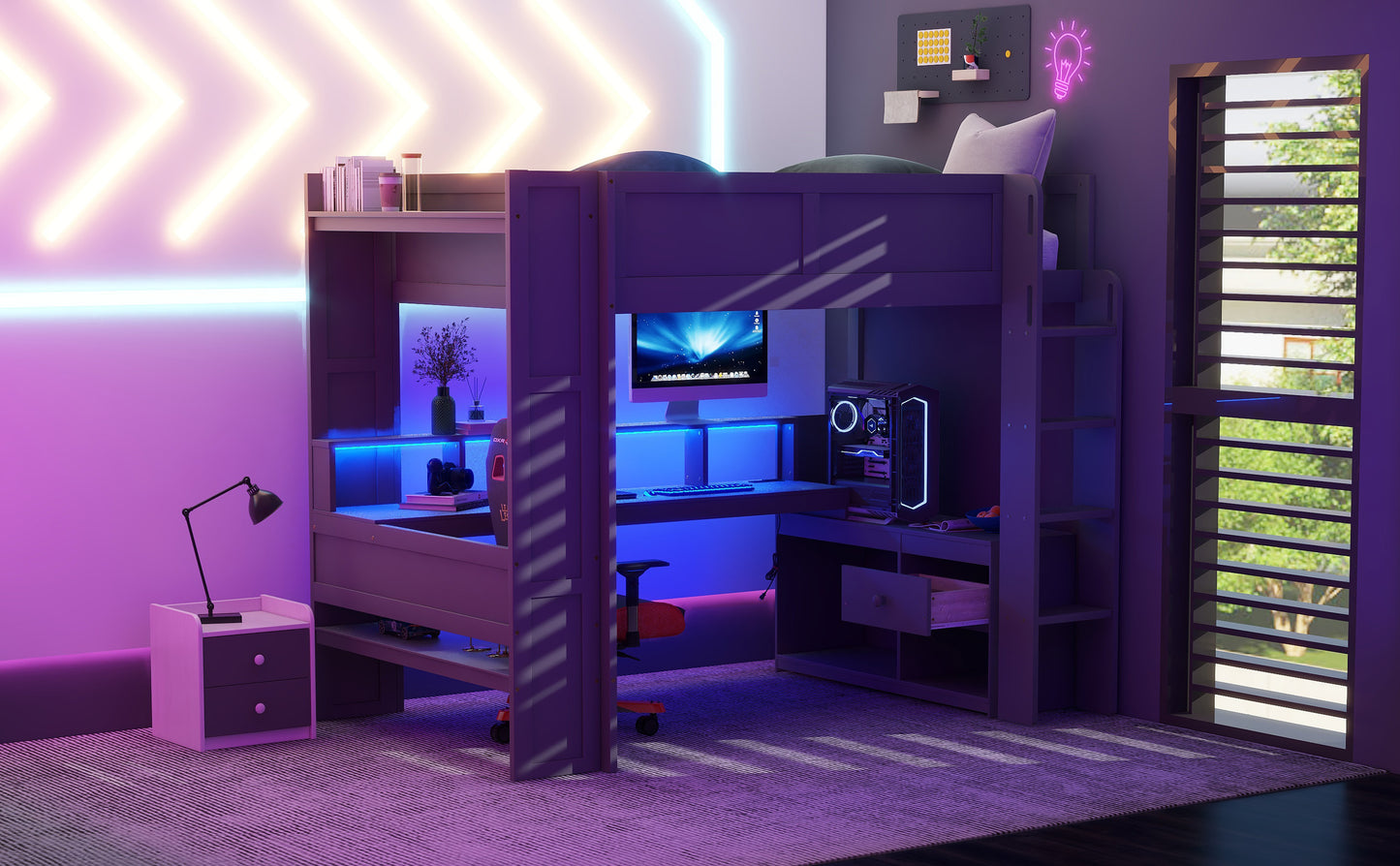 Wood Full Size Gaming Loft Bed with Desk, Multi-storage Shelves, LED and Charging Station, Dark Gray(Old SKU:SM000374AAE) image 6