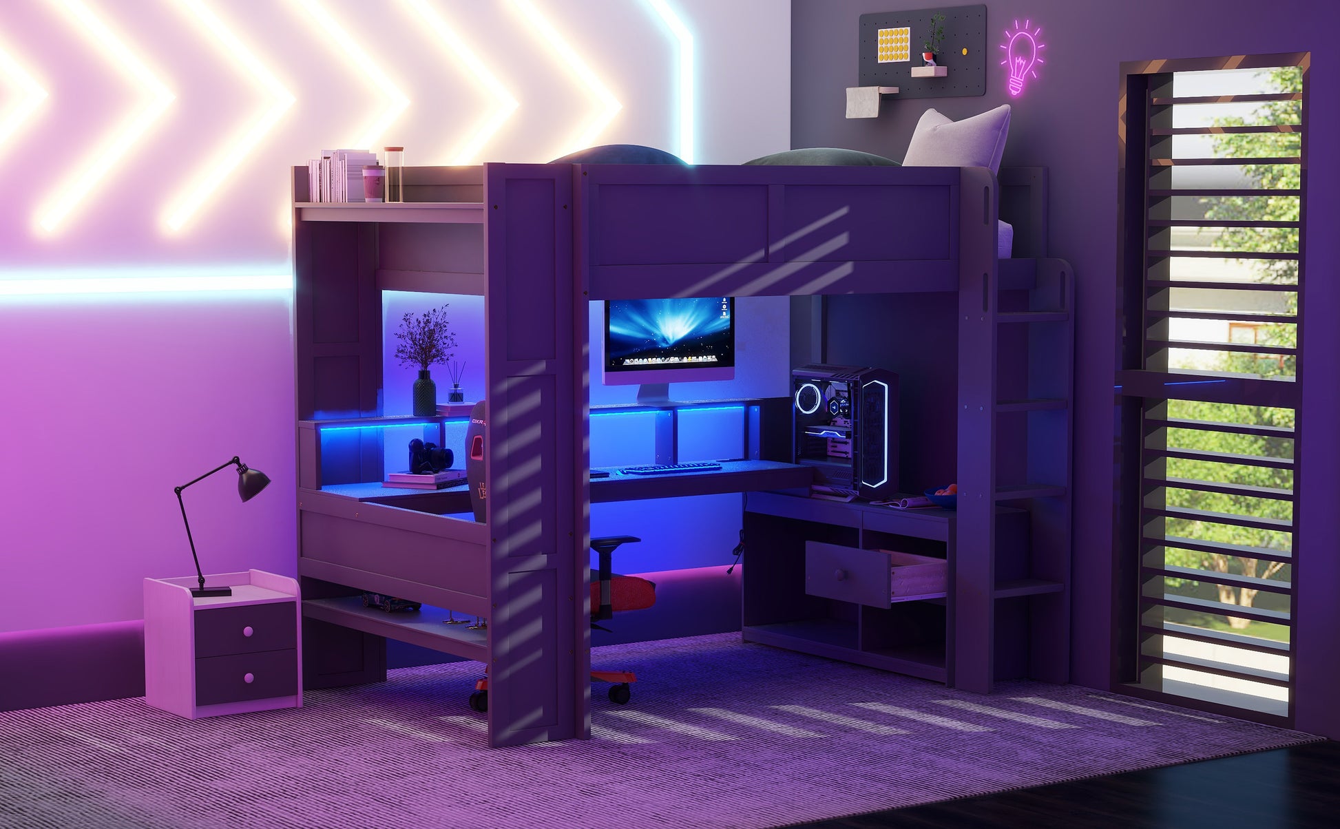Wood Full Size Gaming Loft Bed with Desk, Multi-storage Shelves, LED and Charging Station, Dark Gray(Old SKU:SM000374AAE) image 6