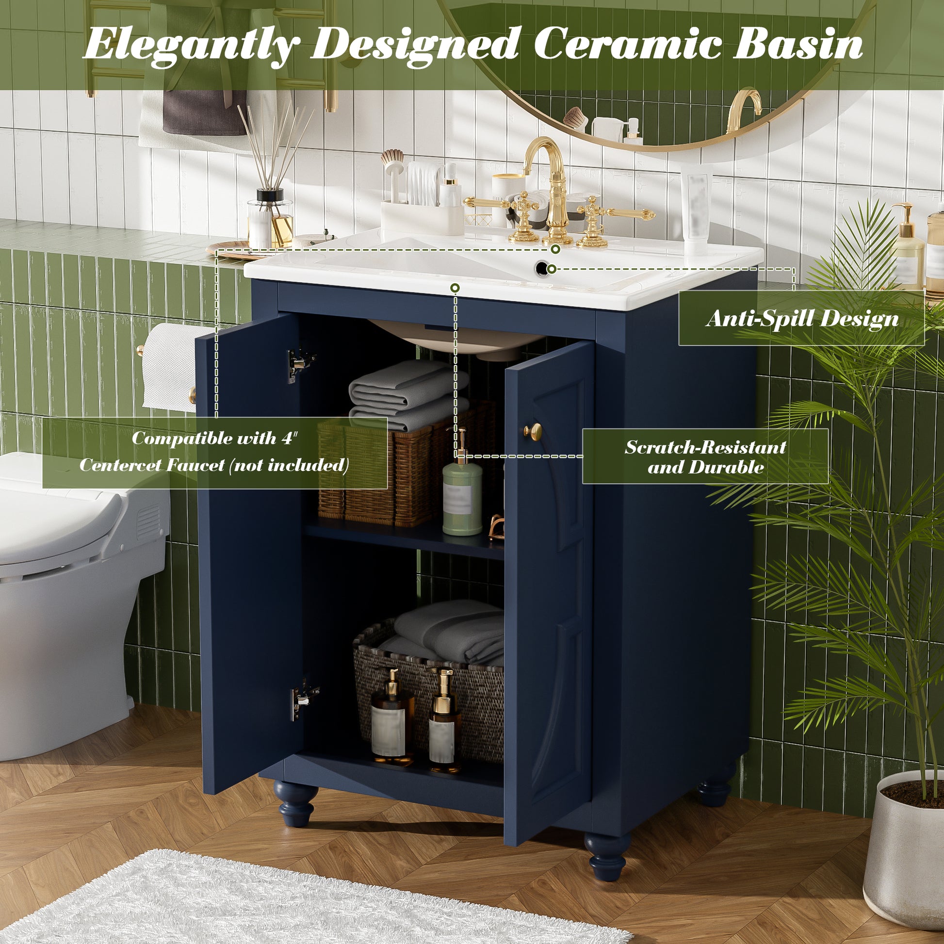 24" Modern Bathroom Vanity with Ornate Elliptical Motif Design & Soft-Close Hinges, Bathroom Cabinet with Back Open Structure, Ball-Turned Legs with French Elegance image 5