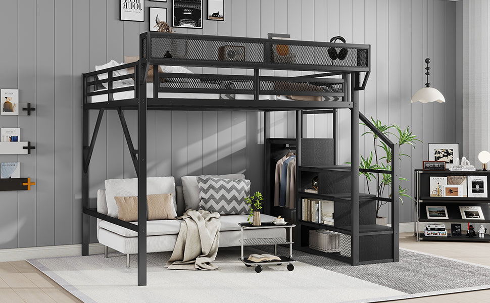 Queen Size Loft Bed with Stairs, Metal Queen Loft Bed with Storage Shelves, High Loft Bed with Wardrobe for Kids Teens Adults, Black(Old skuW2580S00038) image 8