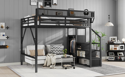 Queen Size Loft Bed with Stairs, Metal Queen Loft Bed with Storage Shelves, High Loft Bed with Wardrobe for Kids Teens Adults, Black(Old skuW2580S00038) image 8