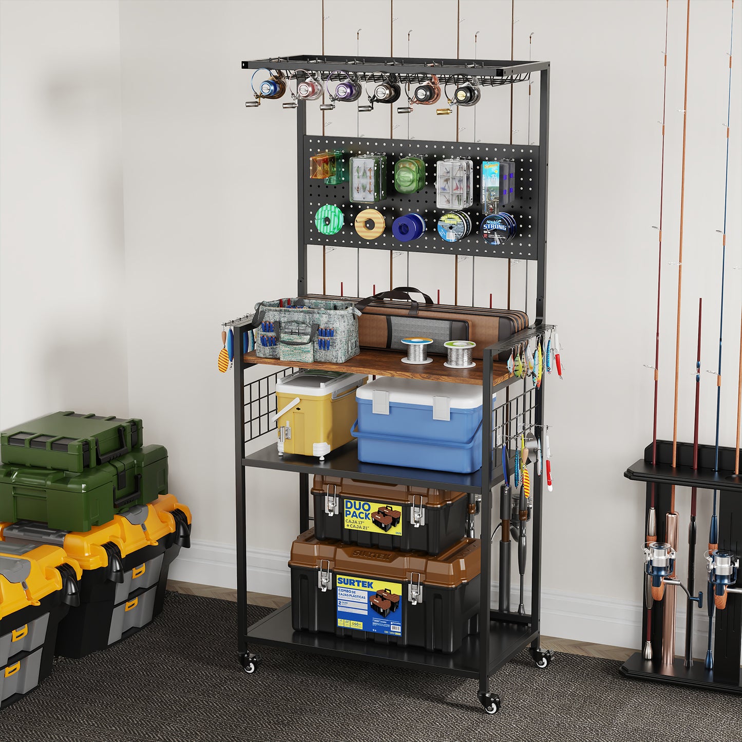 Fishing Rod Storage Rack with Pegboard, Rolling Tackle Organizer Cart, Multi-Tier Fishing Gear Stand for Rods, Reels, Tackle Boxes & Bags, Heavy Duty Metal Holders with Lockable Wheels image 6