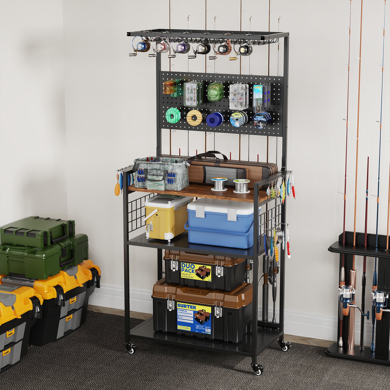 Fishing Rod Storage Rack with Pegboard, Rolling Tackle Organizer Cart, Multi-Tier Fishing Gear Stand for Rods, Reels, Tackle Boxes & Bags, Heavy Duty Metal Holders with Lockable Wheels image 6