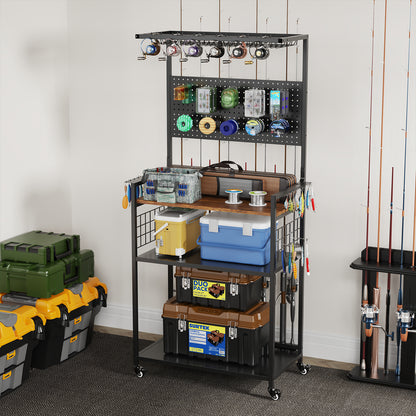 Fishing Rod Storage Rack with Pegboard, Rolling Tackle Organizer Cart, Multi-Tier Fishing Gear Stand for Rods, Reels, Tackle Boxes & Bags, Heavy Duty Metal Holders with Lockable Wheels image 6