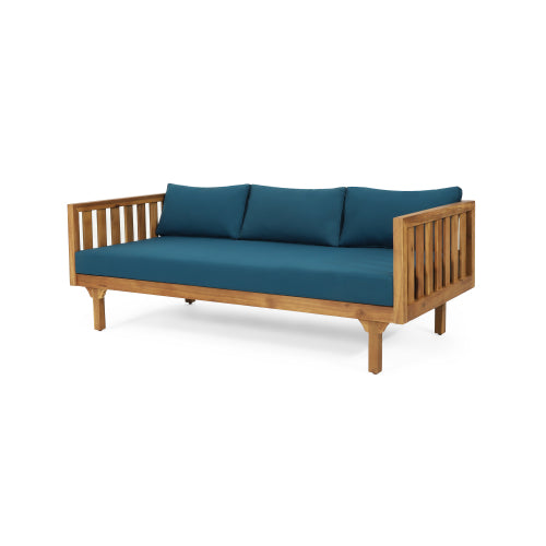 Acacia Wood Patio Furniture Set,Outdoor 3 Seater Daybed(with Water Resistant Thick Cushions)and Round Coffee Table, Dark Teal Cushion image 11