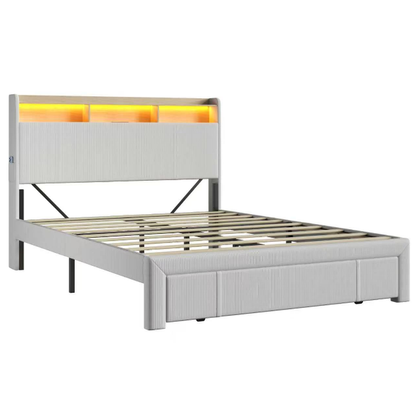 Full-size upholstered bed with drawers, featuring an upholstered storage headboard, heavy metal crossbar support, LED and USB charging, silent design, beige (mattress not included) image 9