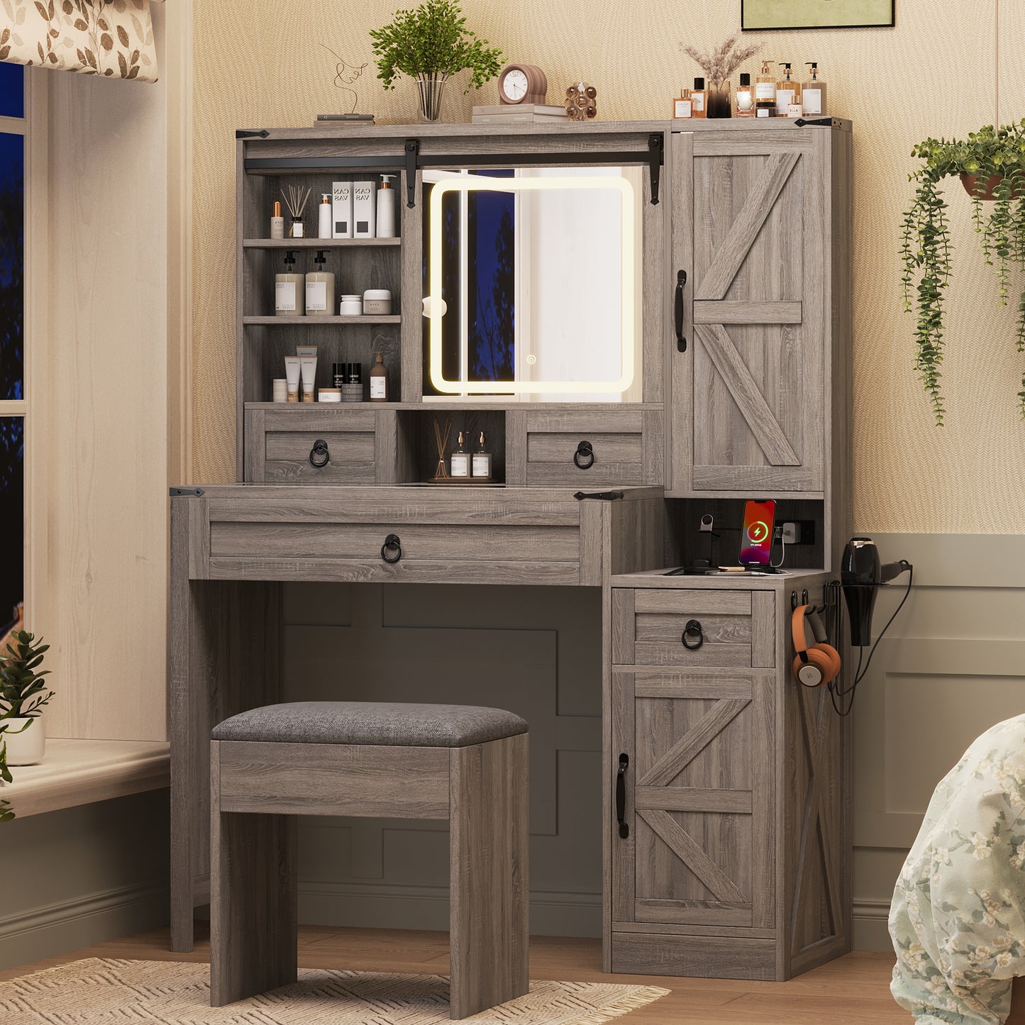 Farmhouse Vanity Desk with Sliding Mirror and Lights, Vanity Set with Glass Top and Charging Station,Dressing Table with 4 Drawers and 2 Cabinets, Dressing Table with Stool for Bedroom, Gray image 3
