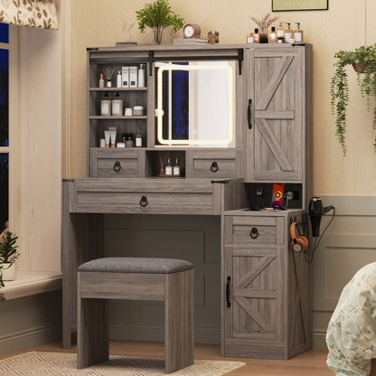 Farmhouse Vanity Desk with Sliding Mirror and Lights, Vanity Set with Glass Top and Charging Station,Dressing Table with 4 Drawers and 2 Cabinets, Dressing Table with Stool for Bedroom, Gray image 3