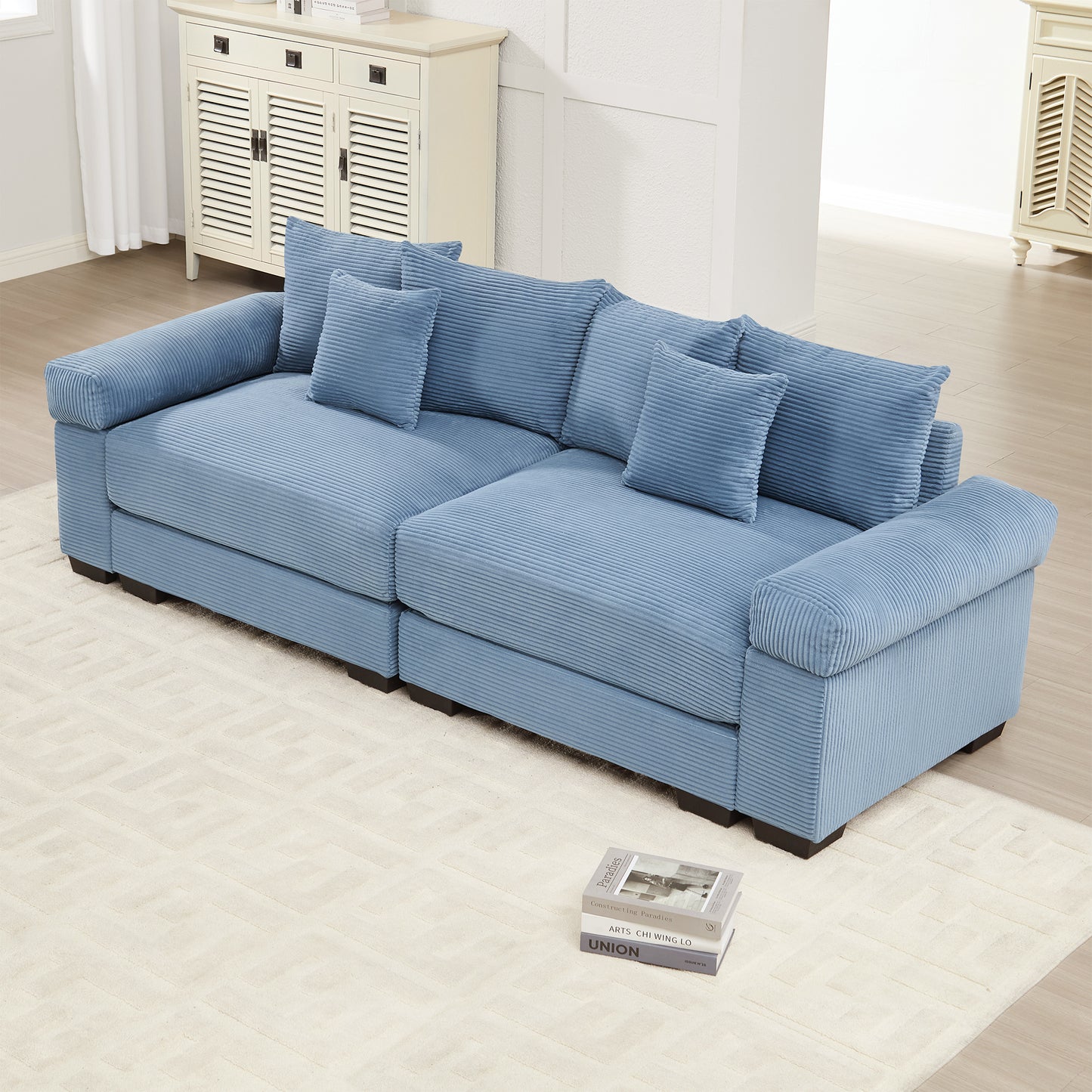 92" Oversized Cloud Modular Sectional Couch,Corduroy Fabric Extra-Wide Armrests Throw Pillows Ergonomic Design High Resilience Cushion Easy Assembly,For Living Rooms Bedrooms, Blue image 1