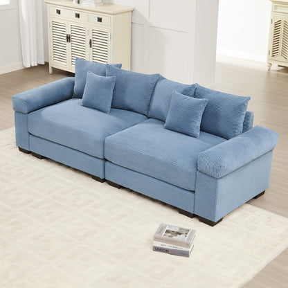 92" Oversized Cloud Modular Sectional Couch,Corduroy Fabric Extra-Wide Armrests Throw Pillows Ergonomic Design High Resilience Cushion Easy Assembly,For Living Rooms Bedrooms, Blue image 1