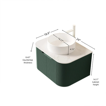 DINA 24" Bathroom Vanity&Sink, Floating Curved Edges Striped Bathroom Storage Plywood Cabinet with Drawer, White Round Ceramic Basin&Carrara White Sintered Stone Top, Pre-assembled, Dark Green Color image 6