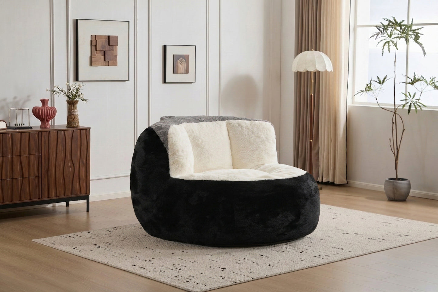 Oversized Bean Bag Chairs,Multicolor Faux Fur Couch Filled with Shredded Sponge,Large Lounger Sofa For Living Room,No Assembly Required, Black+White+Grey image 11
