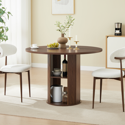 47.24" Round Dining Table (Serves 2–4) with Two Dining Chairs Blends modern and farmhouse styles, featuring a double-tiered storage shelf, suitable for dining rooms or living spaces.Walnut image 2