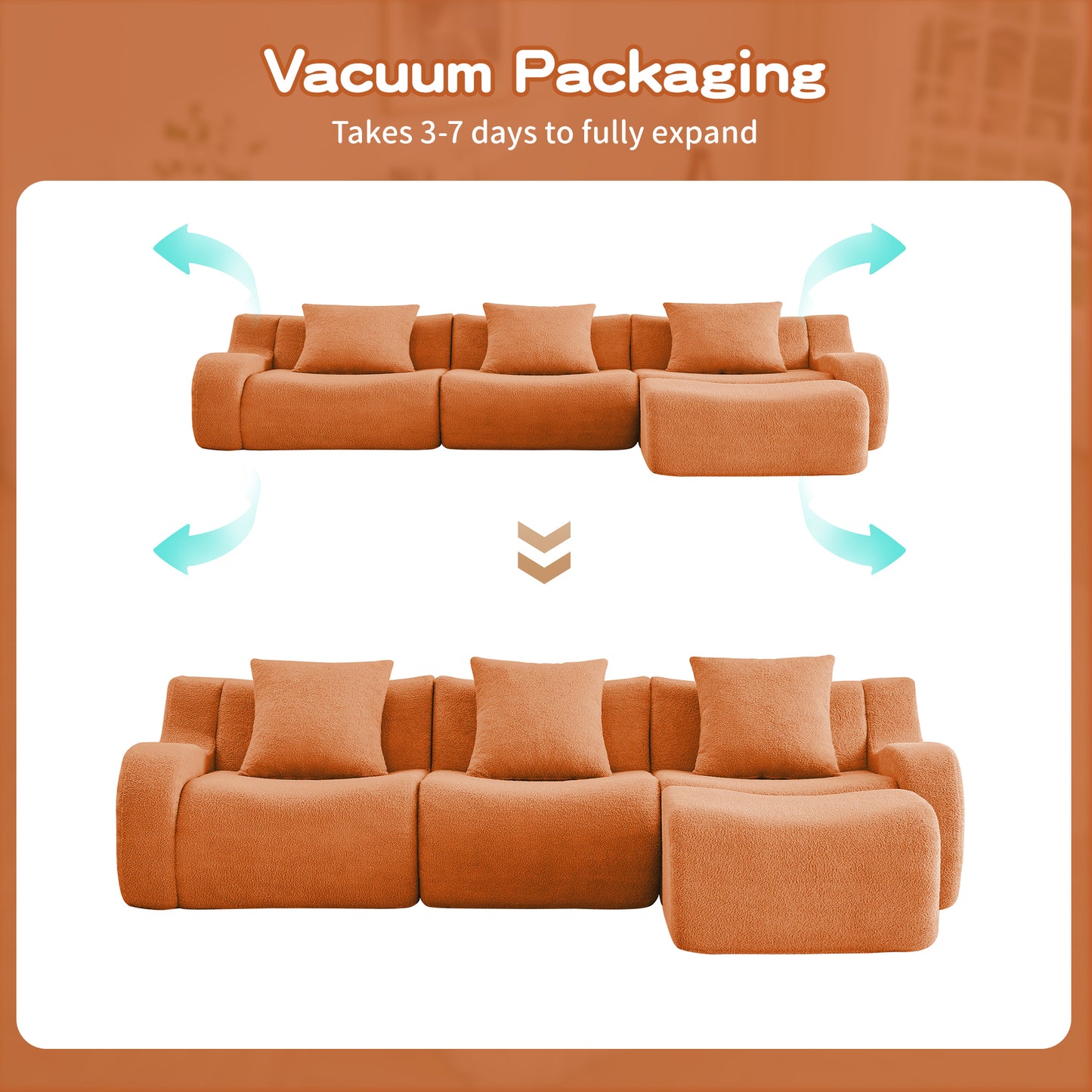 Boneless Sofa,3 Seat High-Quality Teddy Fabric,Anti-Slip Design,No Assembly Curved Armrests Streamlined Design,Assembly Chaise 32D High Density Sponge For Living Rooms Bedrooms,Orange image 6