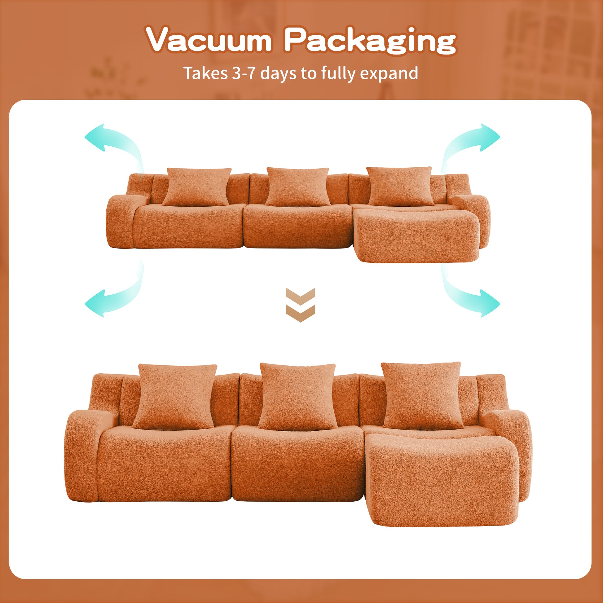 Boneless Sofa,3 Seat High-Quality Teddy Fabric,Anti-Slip Design,No Assembly Curved Armrests Streamlined Design,Assembly Chaise 32D High Density Sponge For Living Rooms Bedrooms,Orange image 6