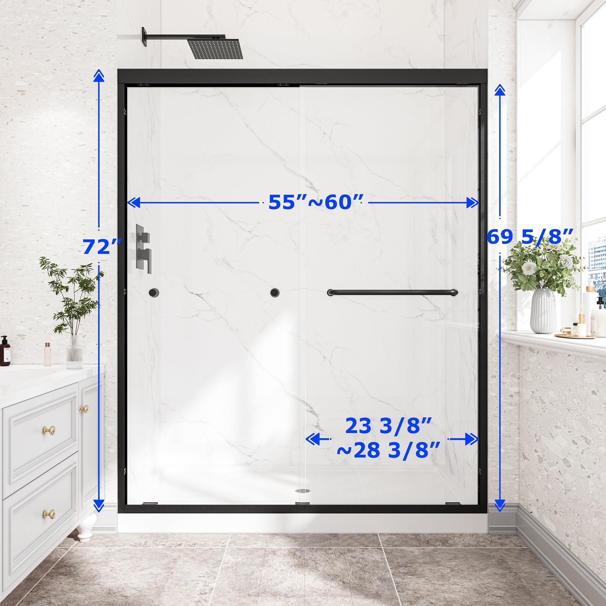 55"-60" W x 72" H Matte Black Reversible Installation Double Bypass Sliding Shower Door,Aluminium Alloy Frame,1/4"(6MM) Tempered Glass With Nano Explosion-proof Membrance,Easy Installation image 3