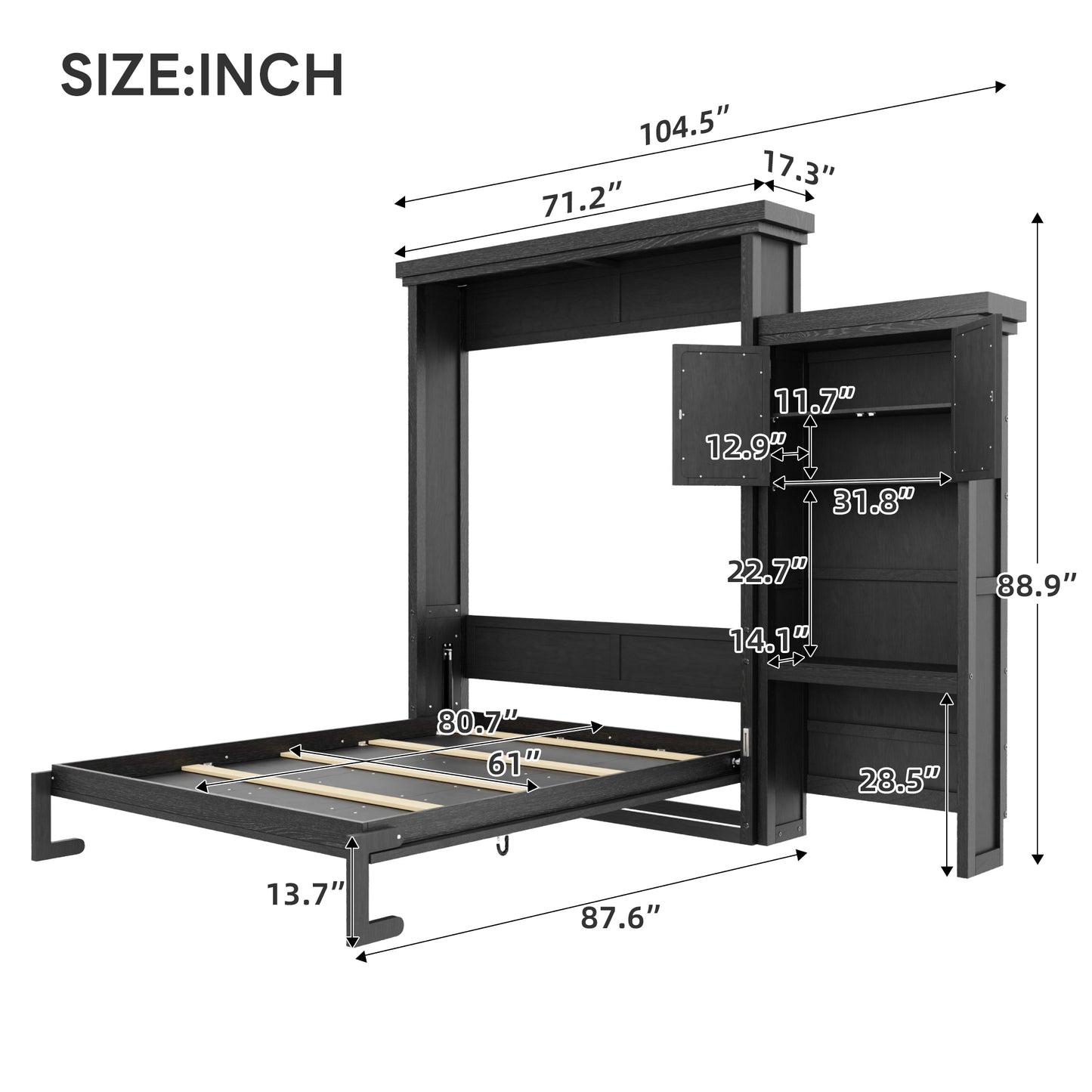 Queen Size Murphy Bed with Multiple Storage Shelves and Louvered Style Decoration,Black image 10