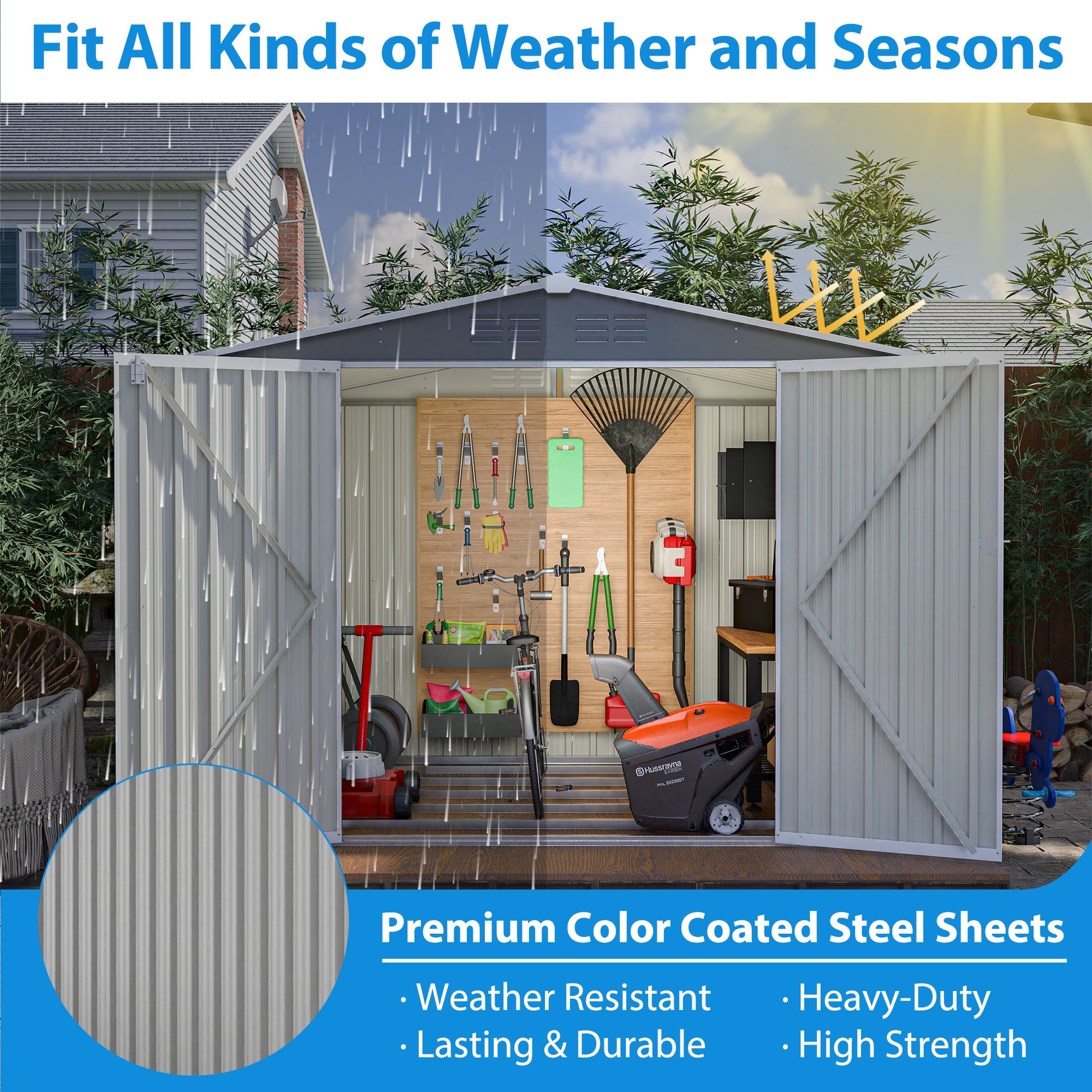 8 x 6 FT Outdoor Waterproof Garden Tool Storage Sheds with Metal Foundation with Floor Frame, Tool Shed with Lockable Hinged Doors & Air Vents, Storage House Waterproof for Backyard, Lawn, Gray image 3