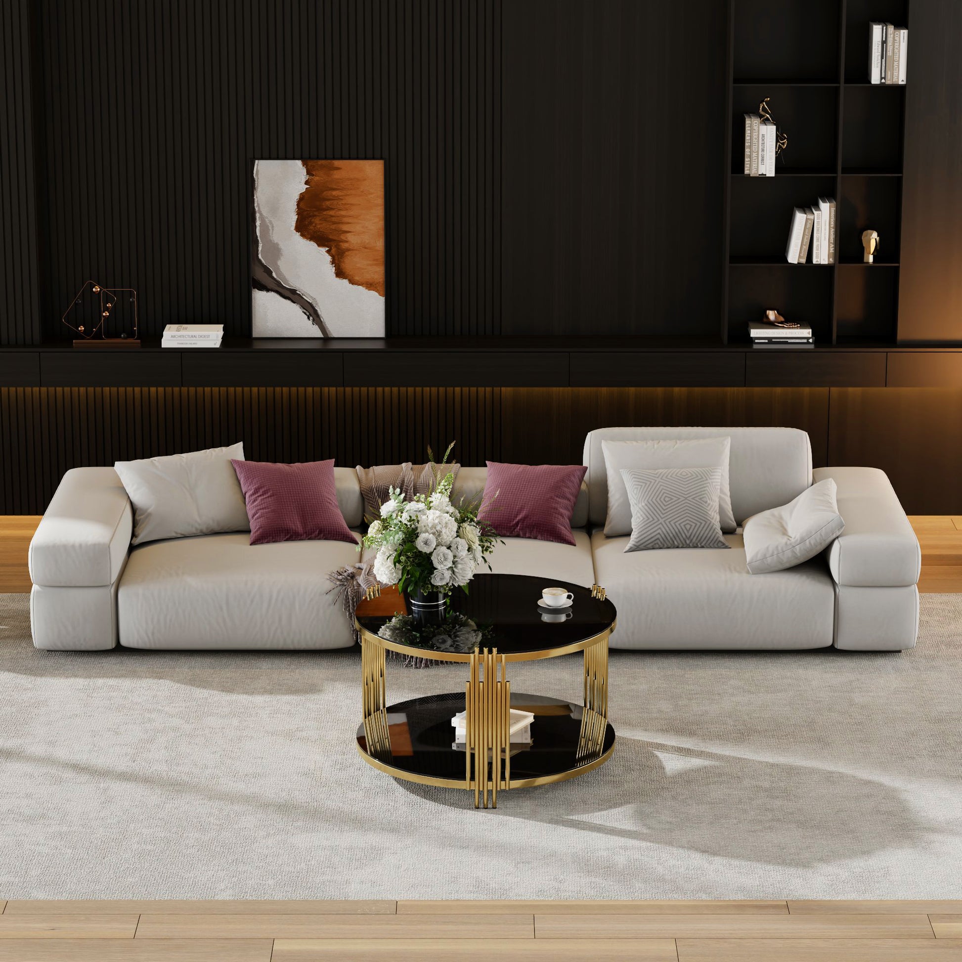 Modern Black Mirror Coffee Table, Asymmetrical Metal, Circular Metal Drum Base, Gold Finish & Lower Shelf image 4