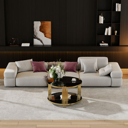 Modern Black Mirror Coffee Table, Asymmetrical Metal, Circular Metal Drum Base, Gold Finish & Lower Shelf image 4