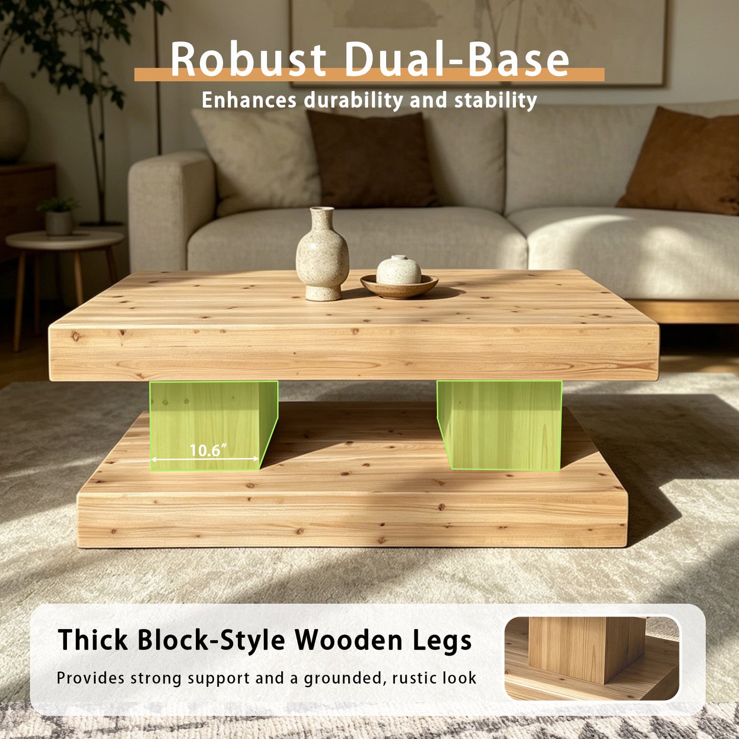 47.24"Natural Solid Wood Coffee Table elevate your living room with crafted from premium natural wood with visible grain and knots for a warm, organic feel. image 5