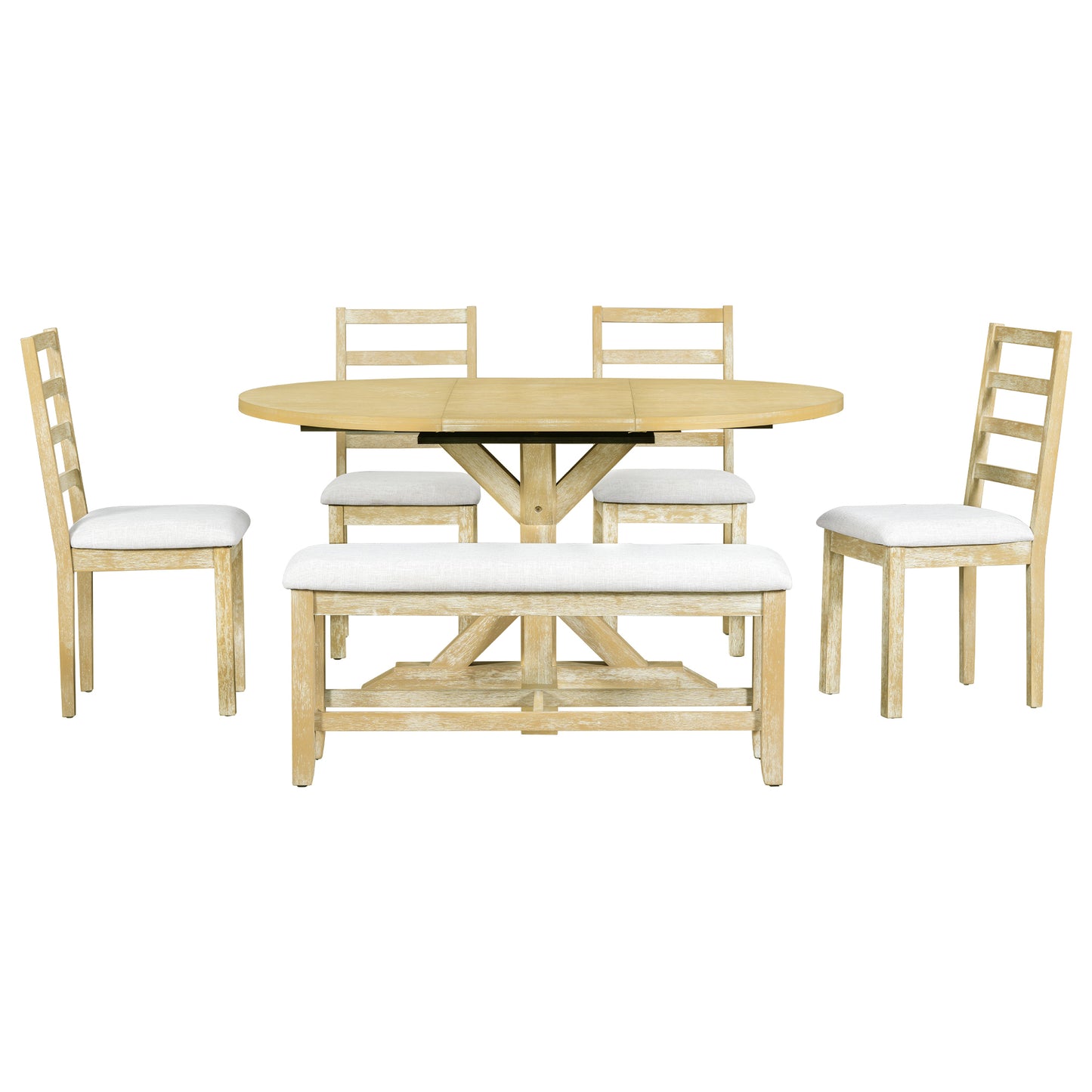 TOPMAX Farmhouse 6-Piece 60inch Extendable Pedestal Dining Table Set with 18inch Removable Leaf, 44inch Bench and 4 Ladder Back Dining Chairs, Natural+Beige(OLD SKU:SP000060AAA) image 11