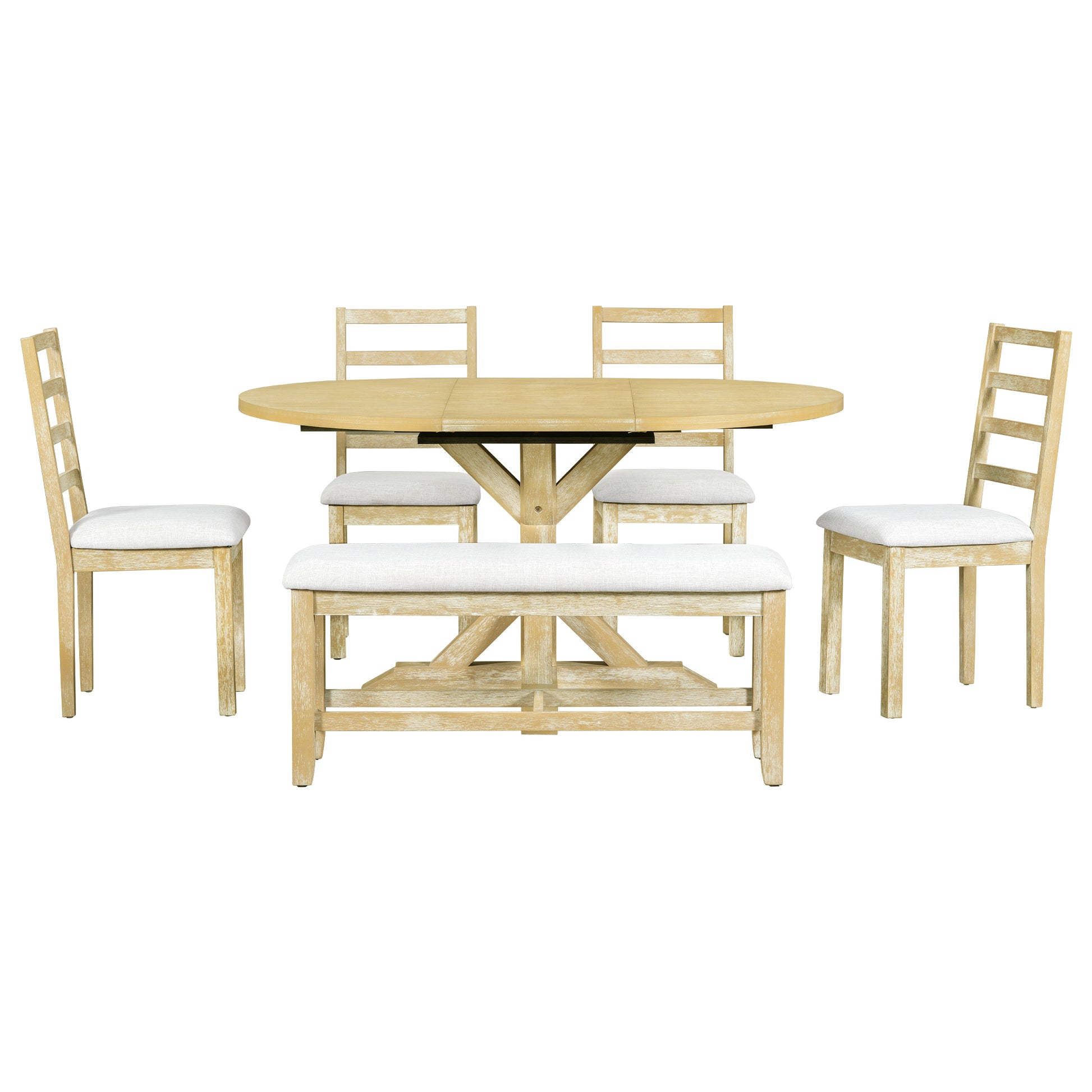 TOPMAX Farmhouse 6-Piece 60inch Extendable Pedestal Dining Table Set with 18inch Removable Leaf, 44inch Bench and 4 Ladder Back Dining Chairs, Natural+Beige(OLD SKU:SP000060AAA) image 11