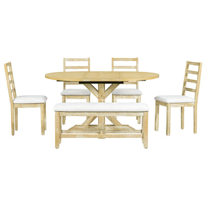 TOPMAX Farmhouse 6-Piece 60inch Extendable Pedestal Dining Table Set with 18inch Removable Leaf, 44inch Bench and 4 Ladder Back Dining Chairs, Natural+Beige(OLD SKU:SP000060AAA) image 11