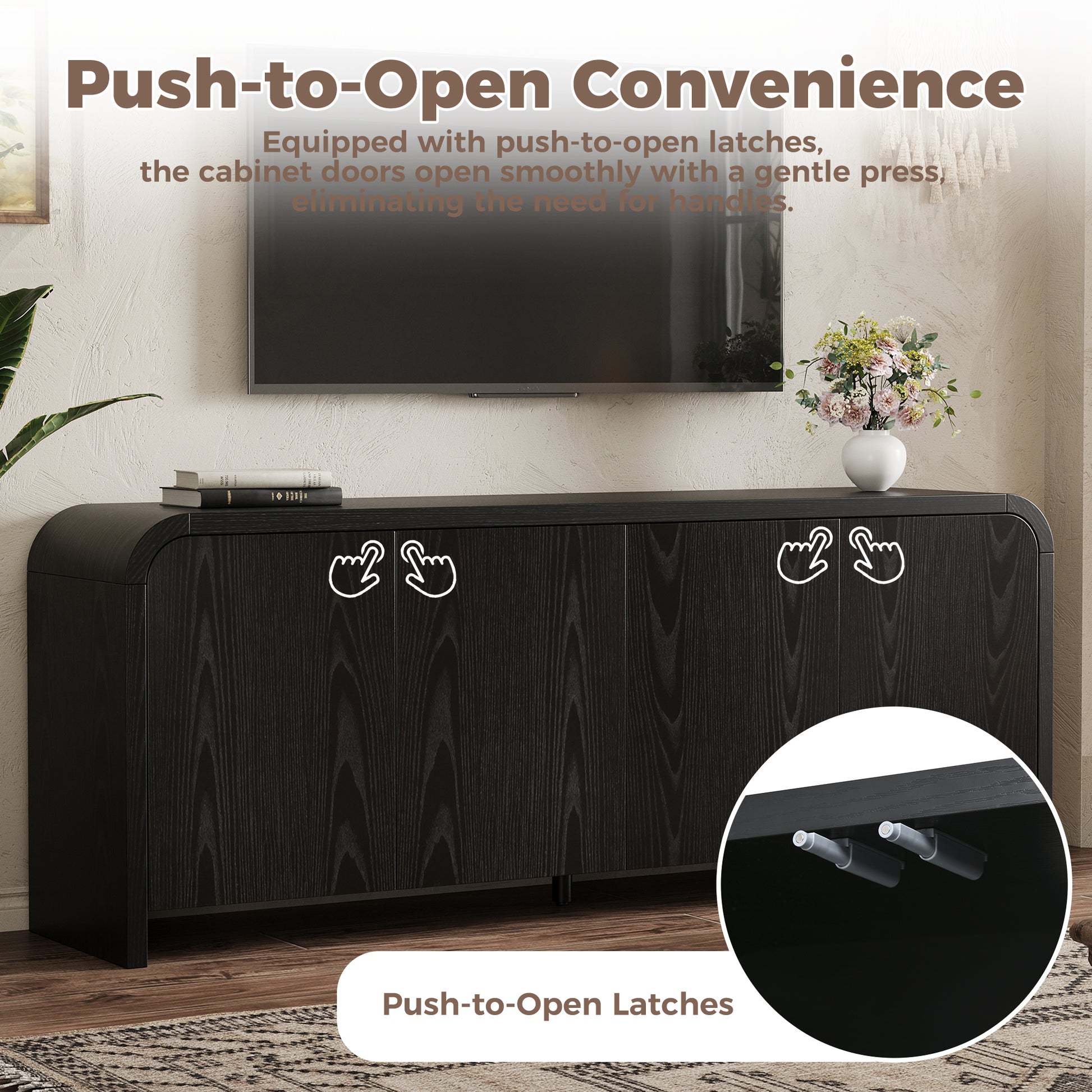 Farmhouse Curved Edge TV Stand with Large Cabinets for TVs up to 70", Minimalist Wood Grain Media Console with Cable Management, Mid Century TV Cabinet with Adjustable Shelves for Living Room, Black image 5