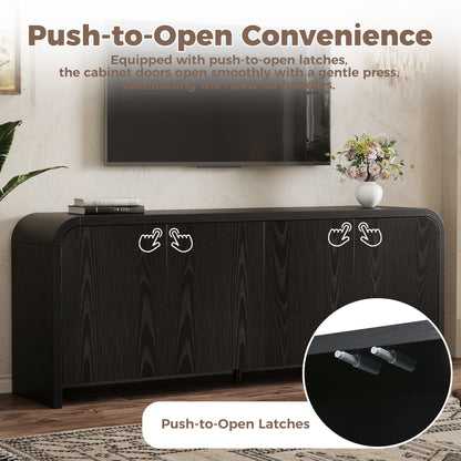 Farmhouse Curved Edge TV Stand with Large Cabinets for TVs up to 70", Minimalist Wood Grain Media Console with Cable Management, Mid Century TV Cabinet with Adjustable Shelves for Living Room, Black image 5