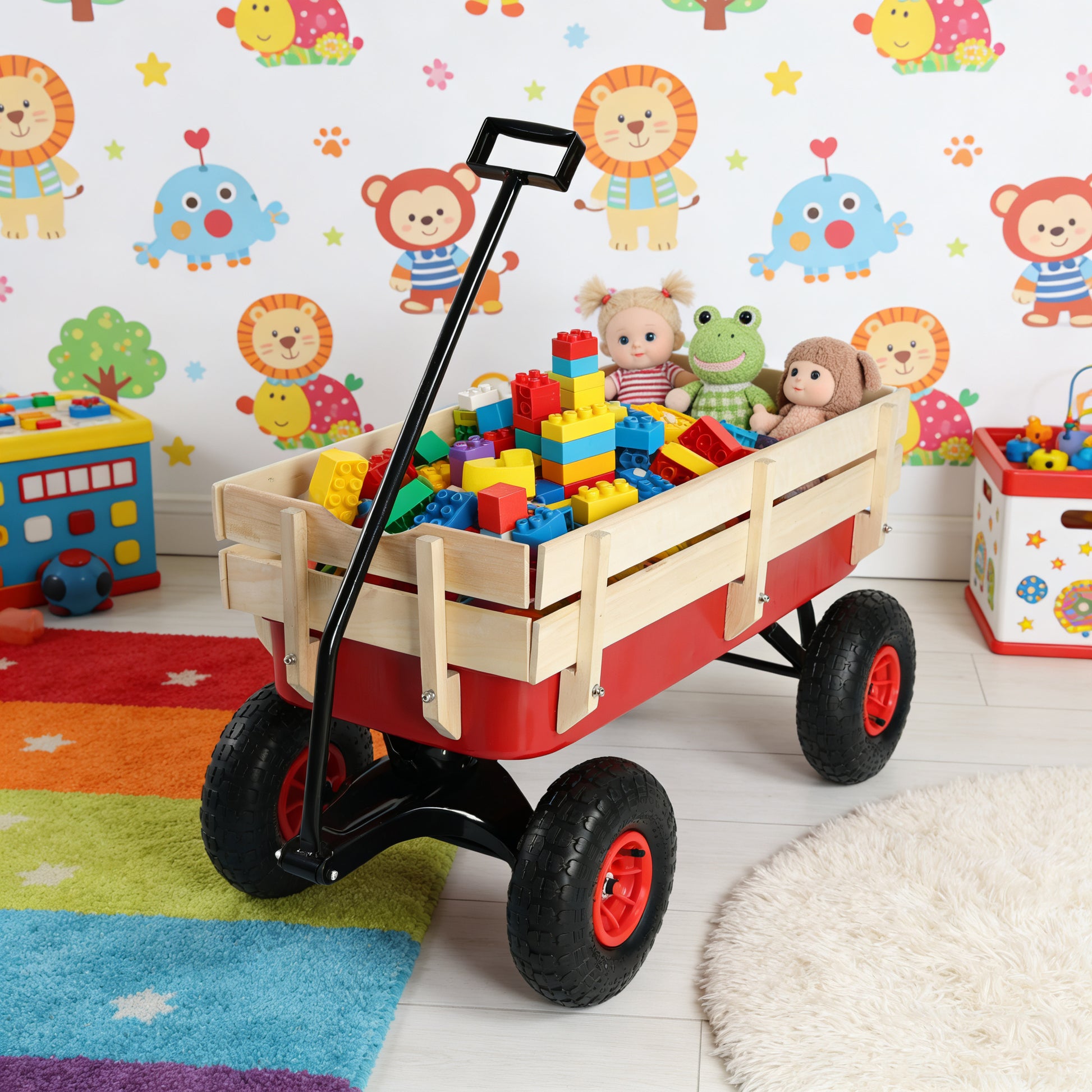 outdoor sport wagon tools cart wooden side panels air tires Wagon (red) image 5