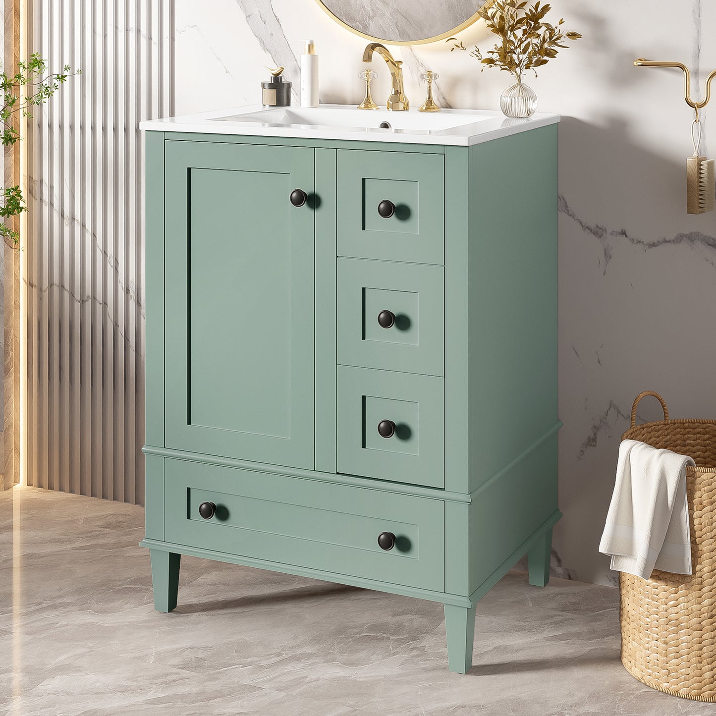 24-inch light green bathroom vanity with an integrated ceramic basin, featuring a door-mounted double-layer shelf, soft-close drawers, and a soft-close cabinet door image 3