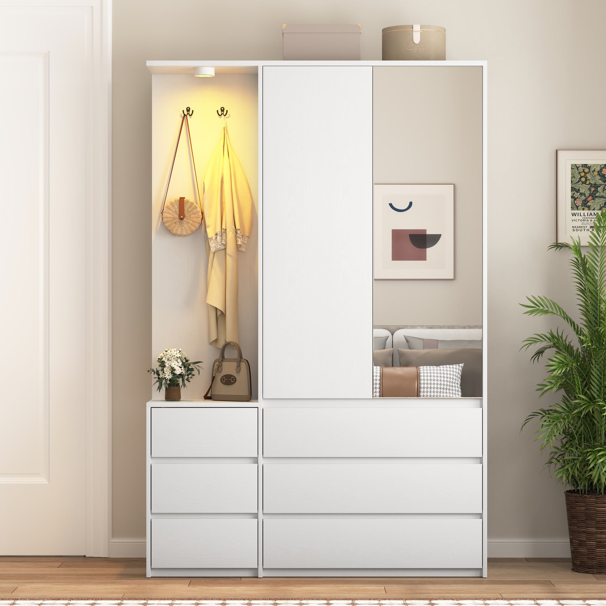 Wardrobe Closet 71.7" H, Bedroom Wooden Wardrobe with 2 Doors 6 Drawers, Modern Clothing Storage Cabinet Combination with Storage Shelves and Hanging Rail, White image 1