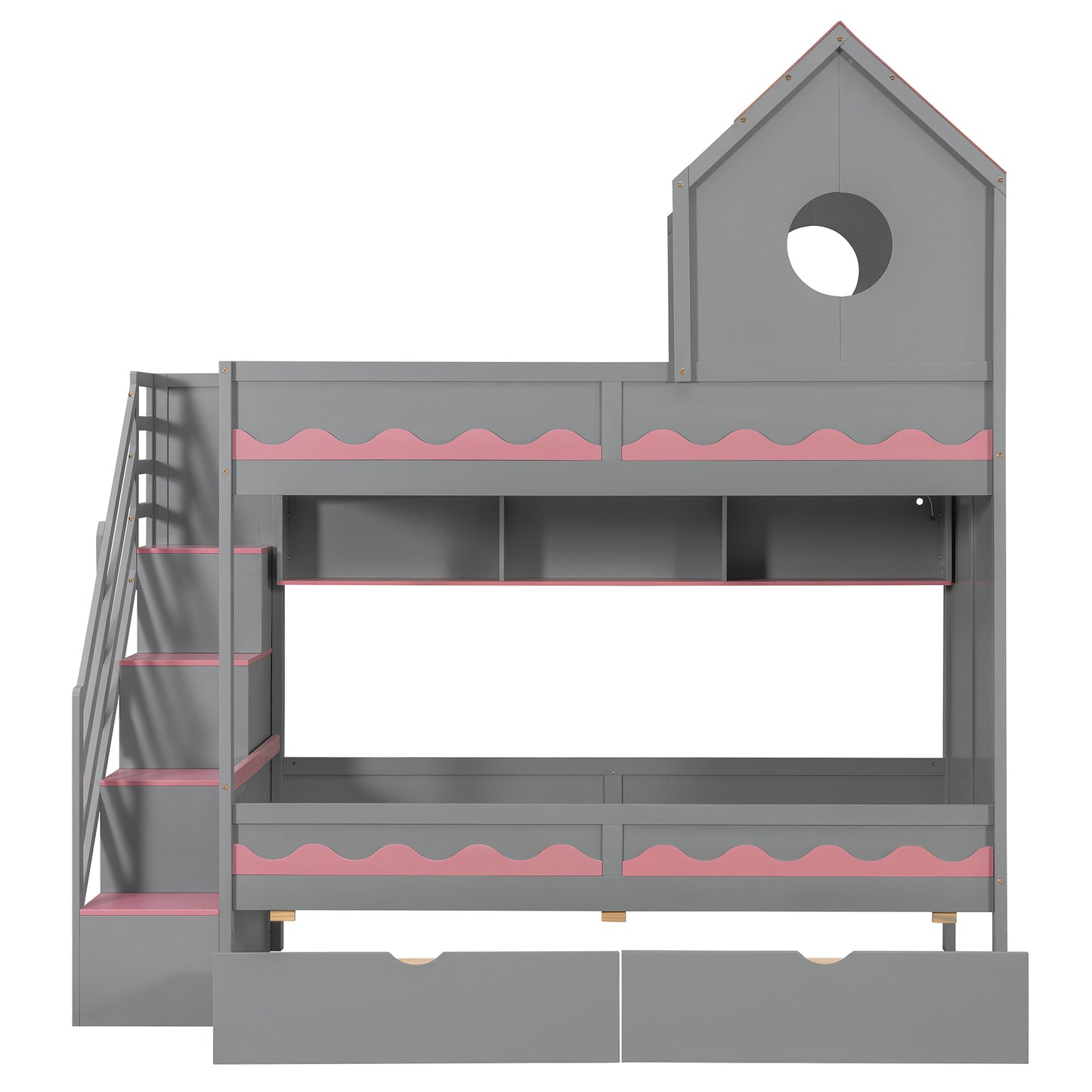 Twin Over Twin Bunk Bed with House-Shaped Roof and Storage Stairs, Wooden House Bed Frame with 2 Under-bed Drawers,Shelves,LED,Gray image 5