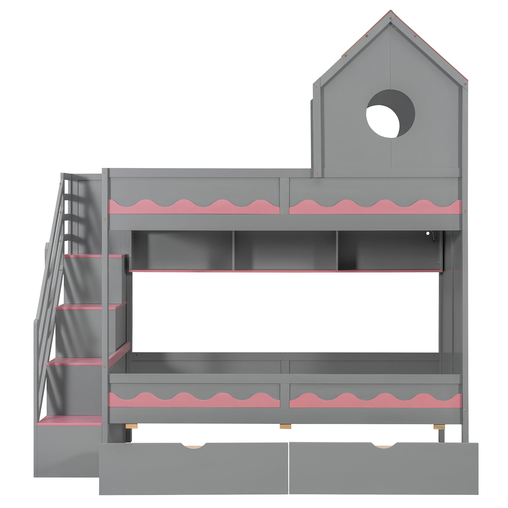 Twin Over Twin Bunk Bed with House-Shaped Roof and Storage Stairs, Wooden House Bed Frame with 2 Under-bed Drawers,Shelves,LED,Gray image 5