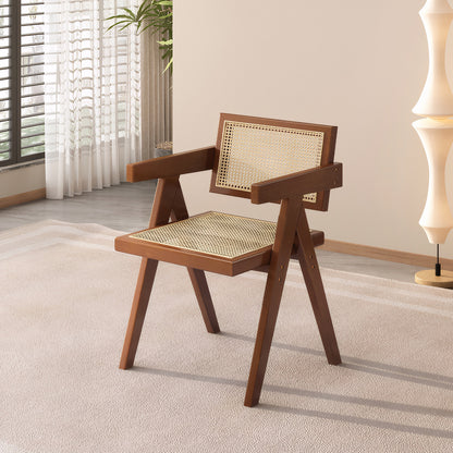 Modern Mid Century Dining Chairs Set of 2, Rattan Accent Chairs, Comfy Armchairs, Outdoor Wood Chairs with Armrest for Bedroom Living Room Reading Room Dining Kitchen, Brown image 3