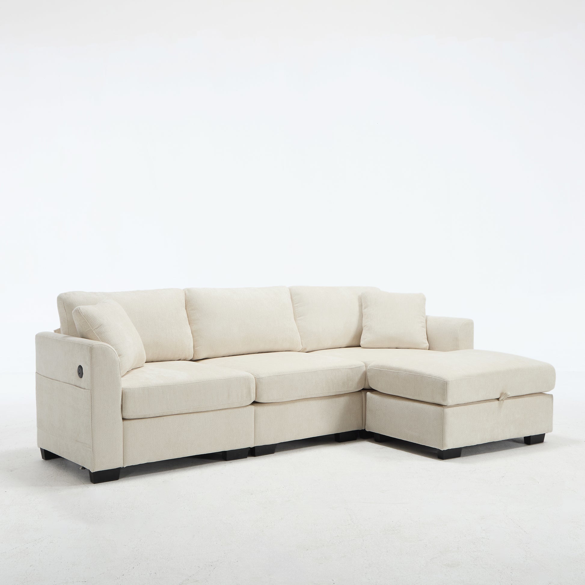 Modern Storage Sofa with Dual USB, 2 Side Pockets,Ottoman Storage Bench Cloud Sectional Chenille Sofa Oversized,4-Seat, L-Shaped Couch,Beige image 10
